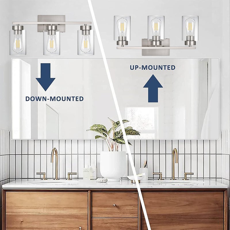 A1A9 3-Light Bathroom Vanity Light, Modern Brushed Nickel Wall Lights with Clear Glass Shades, Bathroom Wall Sconce Lamp for Mirror Living Room Bedroom Hallway - Image 5